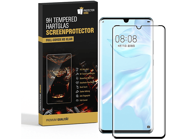 PROTECTORKING 3x FULL CURVED 9H Pro) KLAR Hartglas Schwarzer Displayschutzfolie(für Schutzglas Huawei P30 Rand HD