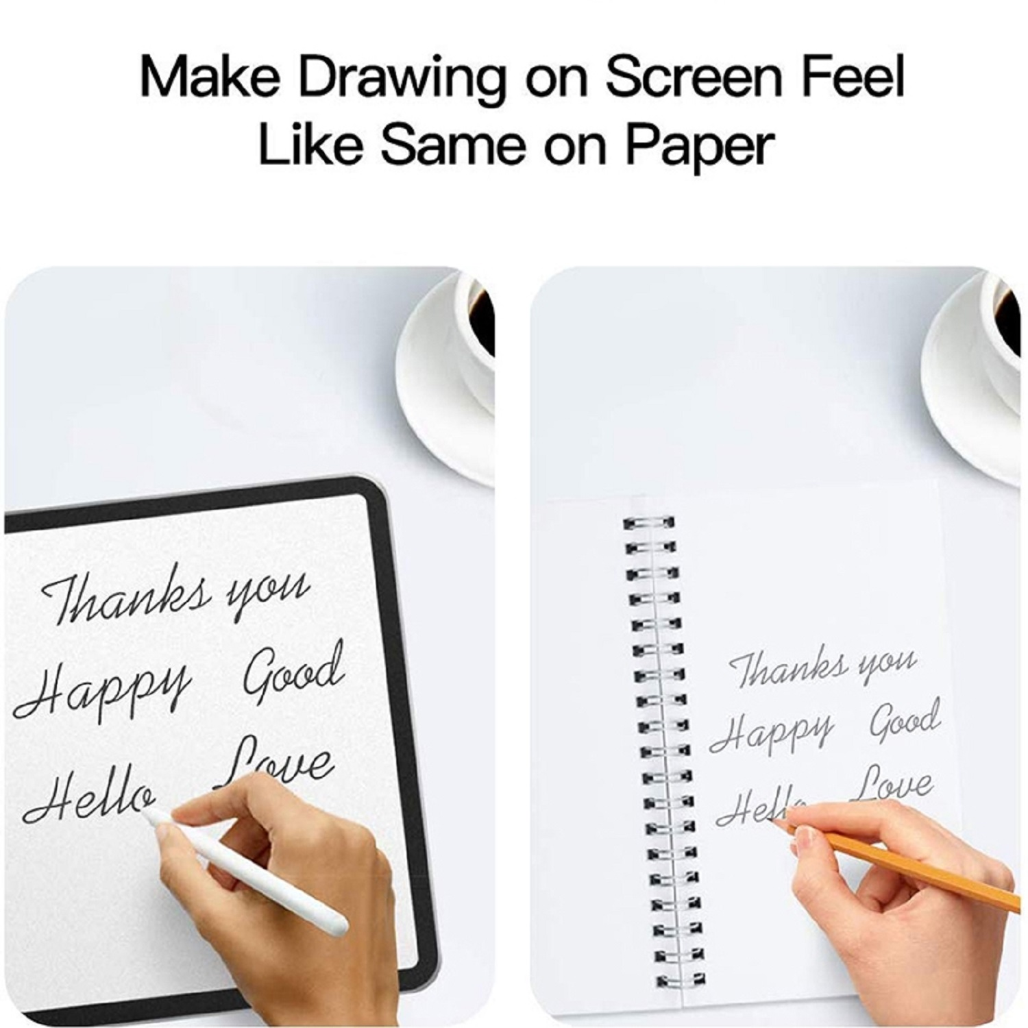 Vergleich des Zeichnens auf einem Tablet gegenüber Papier. Text auf beiden: Danke, Glücklich, Gut, Hallo, Liebe. Eine Hand zeichnet.