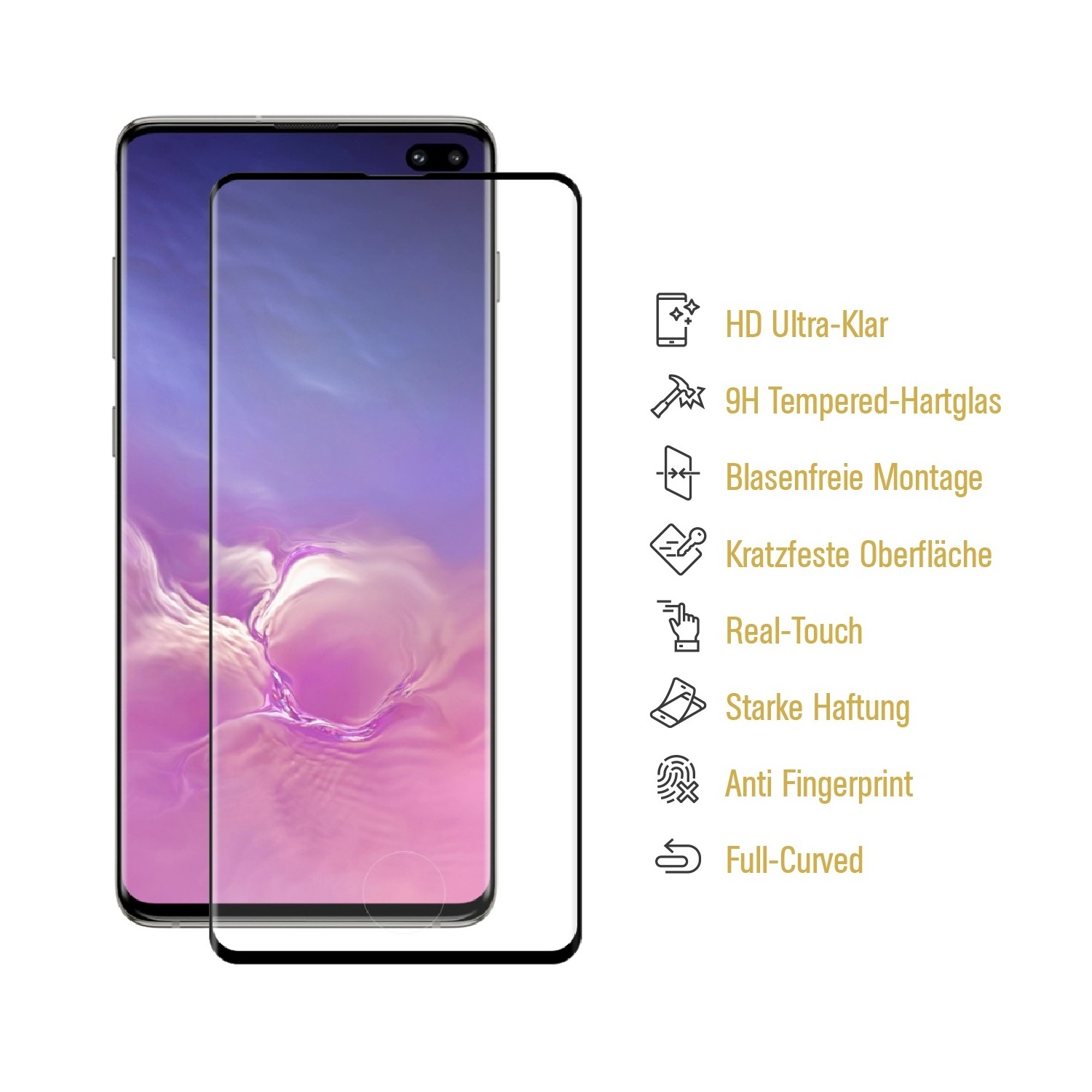 Ein Smartphone mit Displayschutzfolie neben seiner Verpackung mit Text und Symbolen. Weiß.