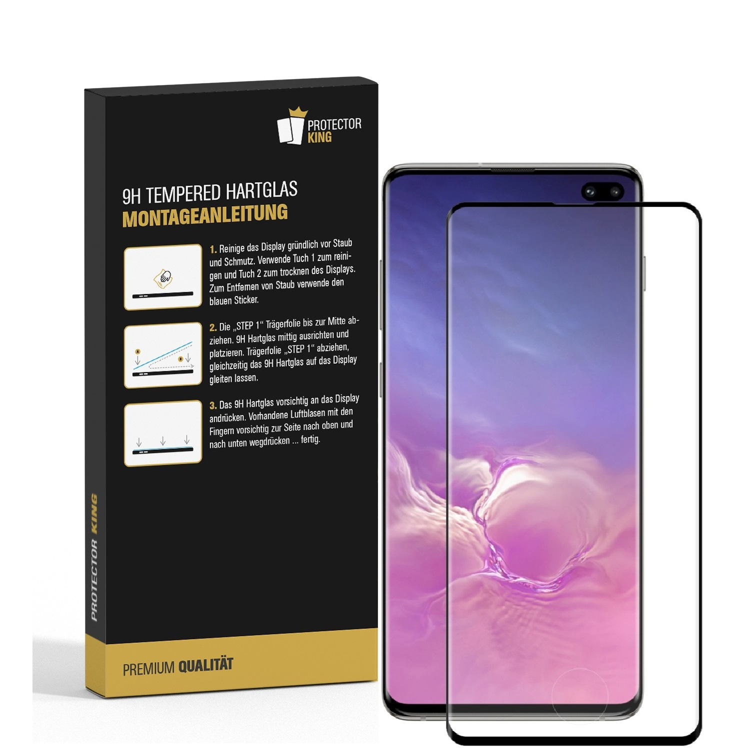 Ein Telefon und eine Displayschutzfolienbox mit Anweisungen zur Installation der Displayschutzfolie.
