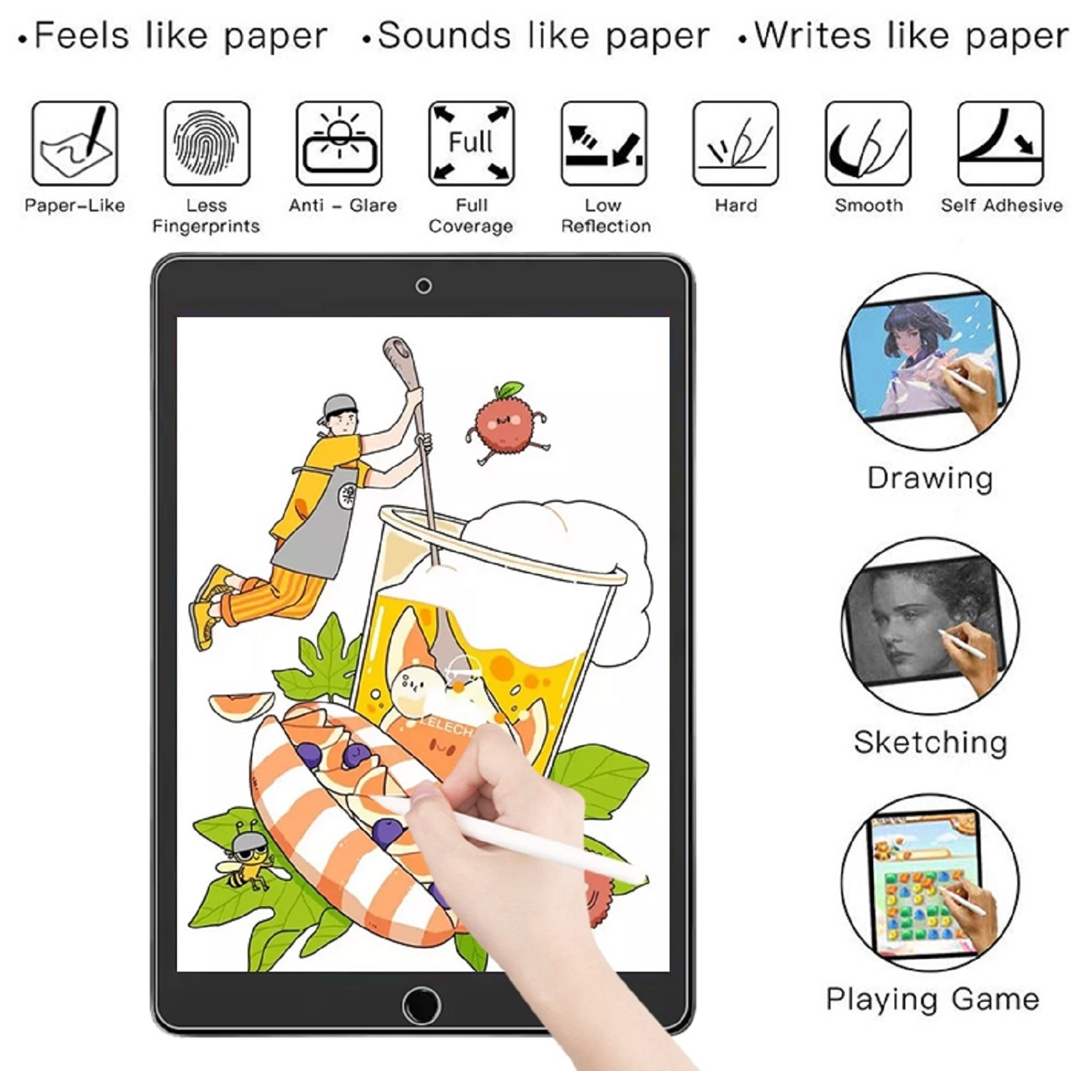 Tablet mit Bleistiftzeichnung, mit Symbolen, die papierähnliche Eigenschaften und Zeichnung zeigen.