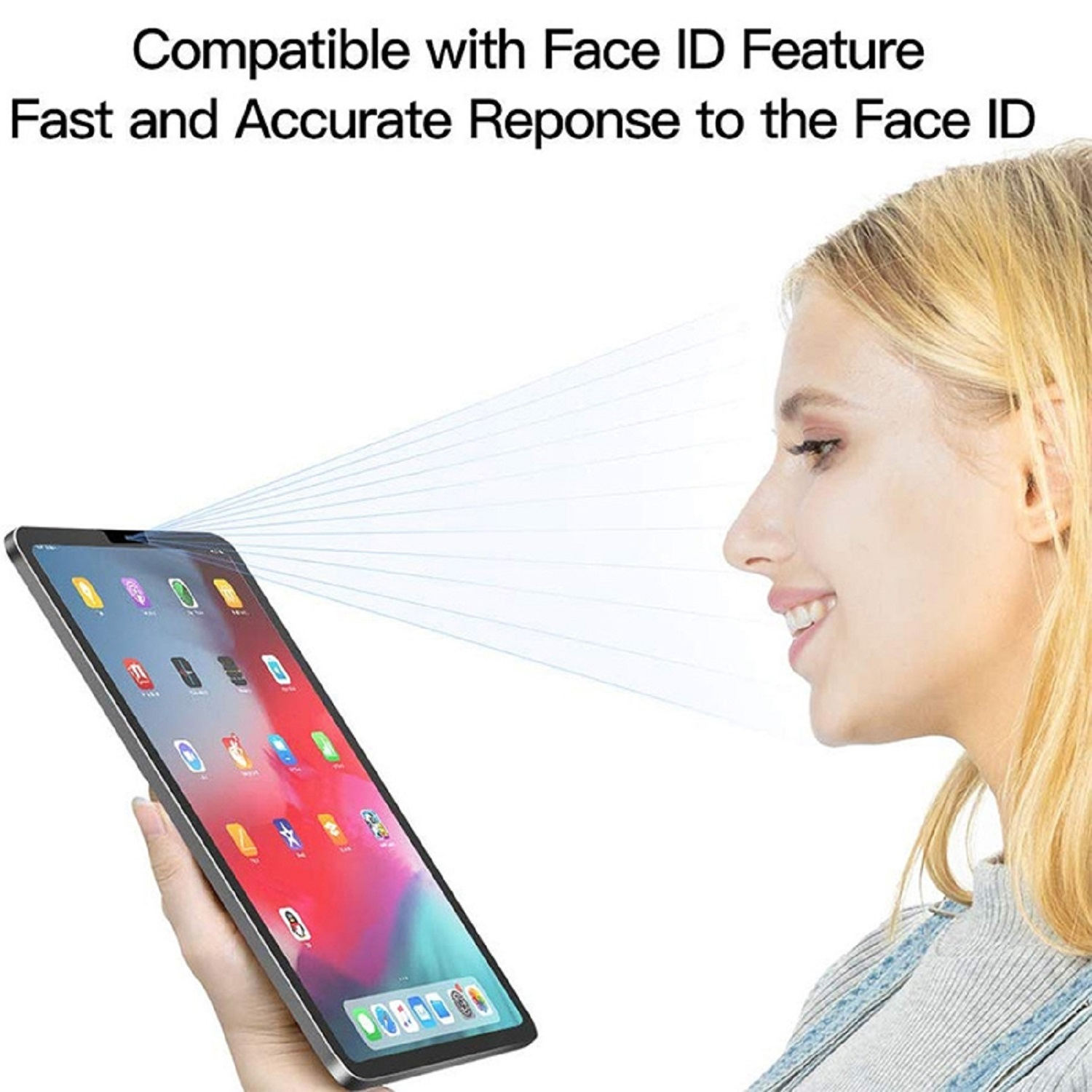 Frau benutzt Tablet, zeigt Face-ID-Funktion und schnelle Reaktion.
