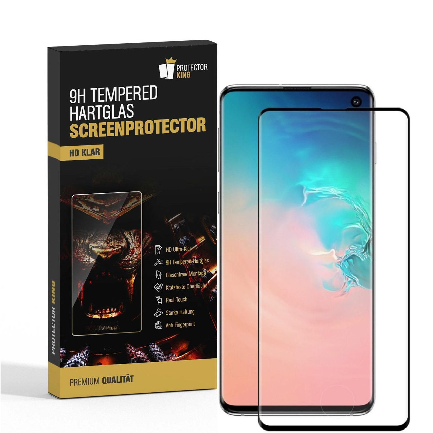 PROTECTORKING 1x Schwarzer 9H Hartglas Schutzglas Samsung Galaxy HD FULL Rand Displayschutzfolie(für KLAR CURVED S10)