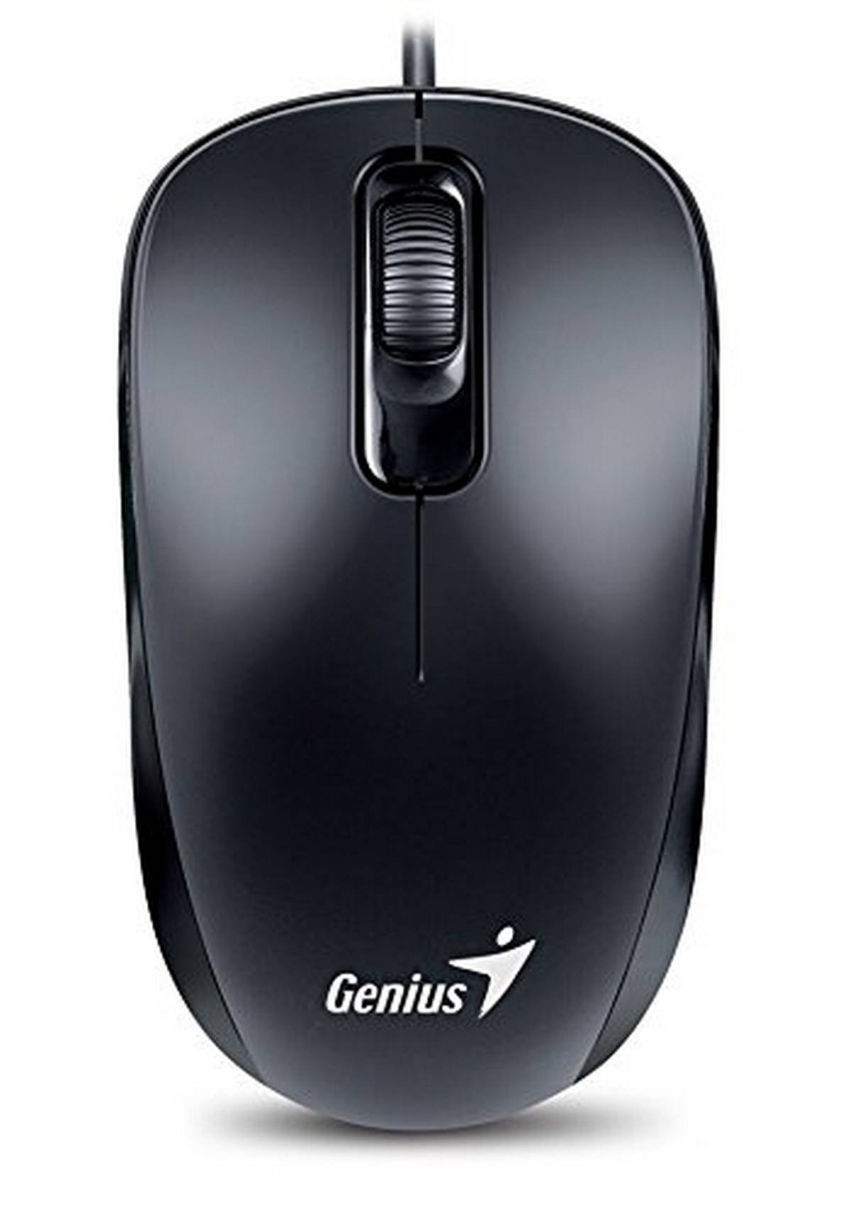 Un ratón de ordenador Genius negro con una rueda de desplazamiento y el logotipo de la empresa, aislado en blanco.