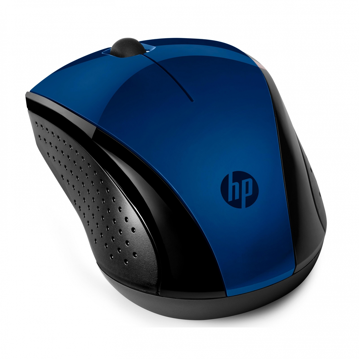 Niebiesko-czarna mysz bezprzewodowa HP, widok z góry, białe tło.