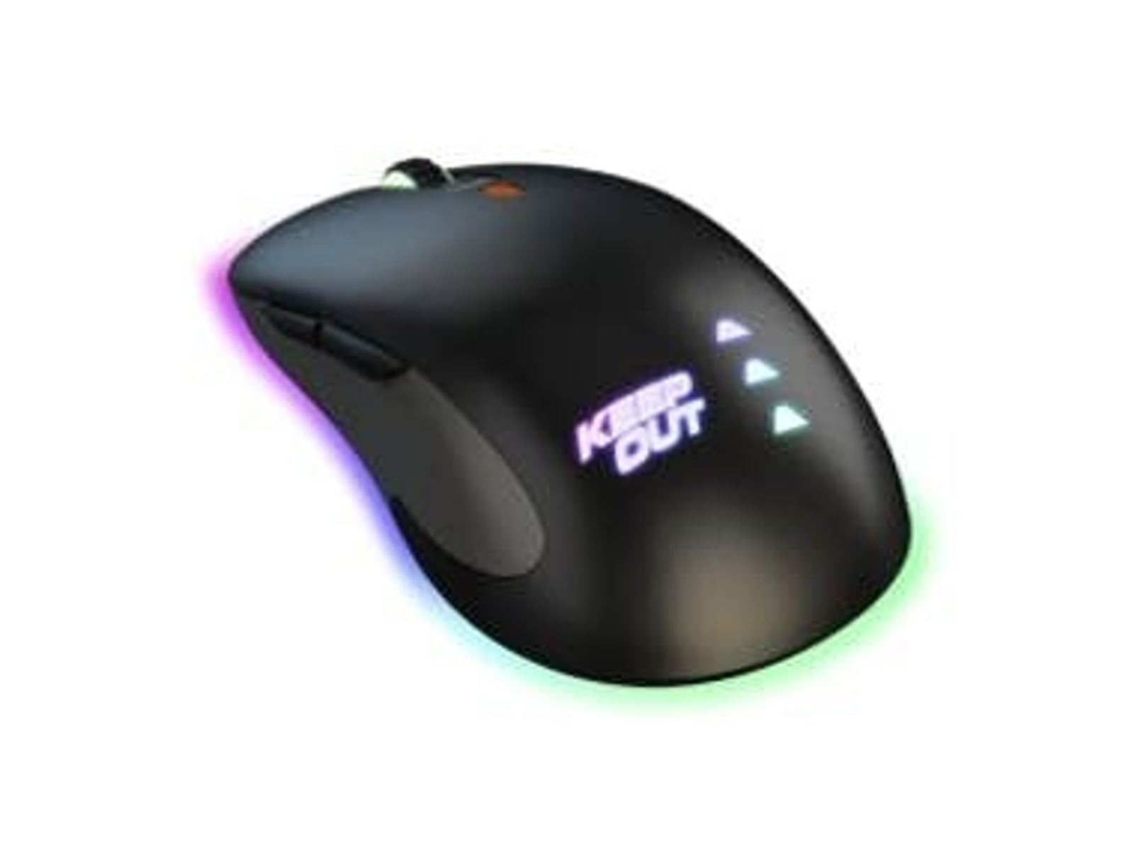 Ratón gaming negro con luces LED que cambian de color. Tiene las palabras KEEP OUT.