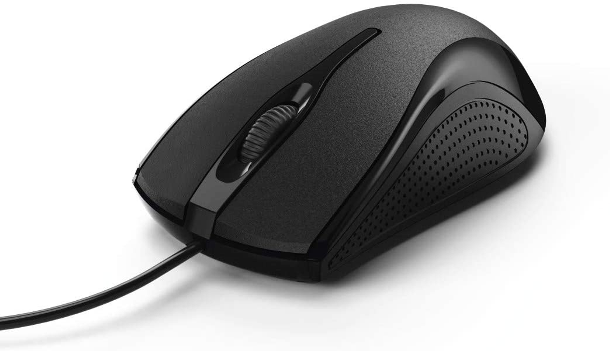 Czarna mysz komputerowa z kółkiem przewijania. Białe tło.