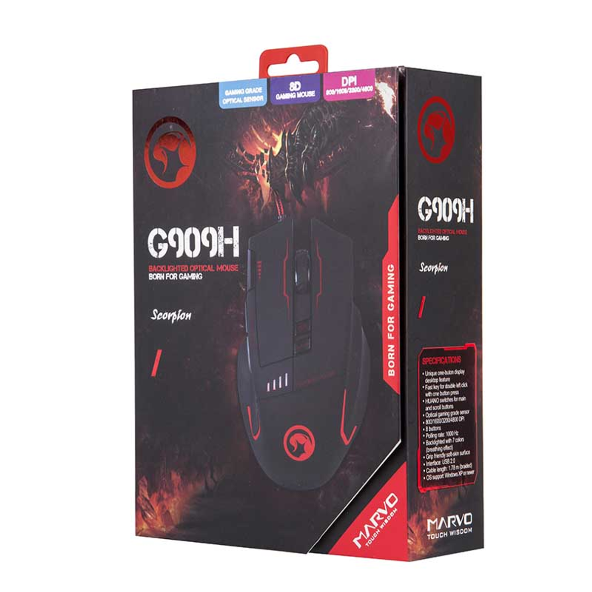 Ratón gaming negro en caja roja. La caja tiene texto y detalles rojos. El ratón tiene detalles rojos.