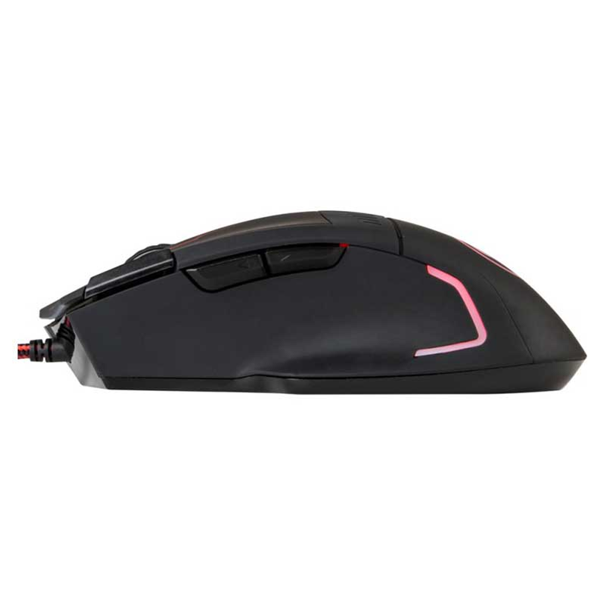 Ratón gaming negro con detalles rojos y cable conectado.