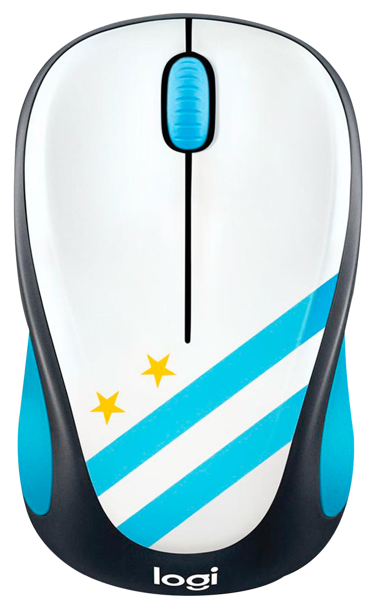 Un ratón de ordenador blanco y azul, con el logotipo 'Logi' y dos estrellas amarillas.