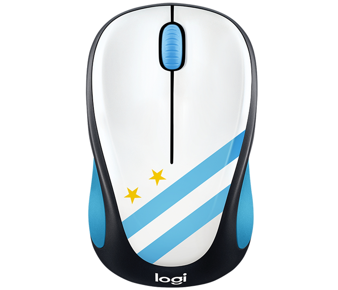 Ratón inalámbrico blanco y azul con tres estrellas y rayas, el logotipo 'logi' es visible.