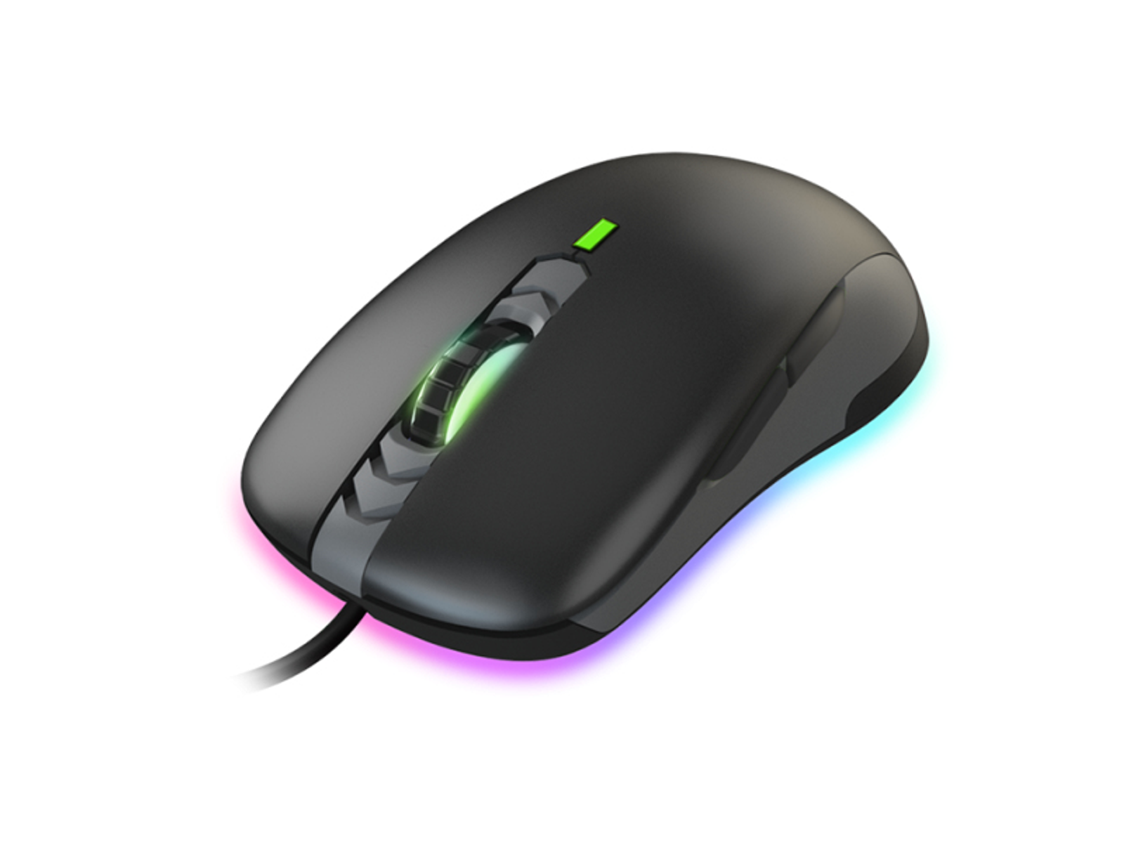 Czarna mysz komputerowa z kolorowymi światłami, kółkiem przewijania i białym tłem.