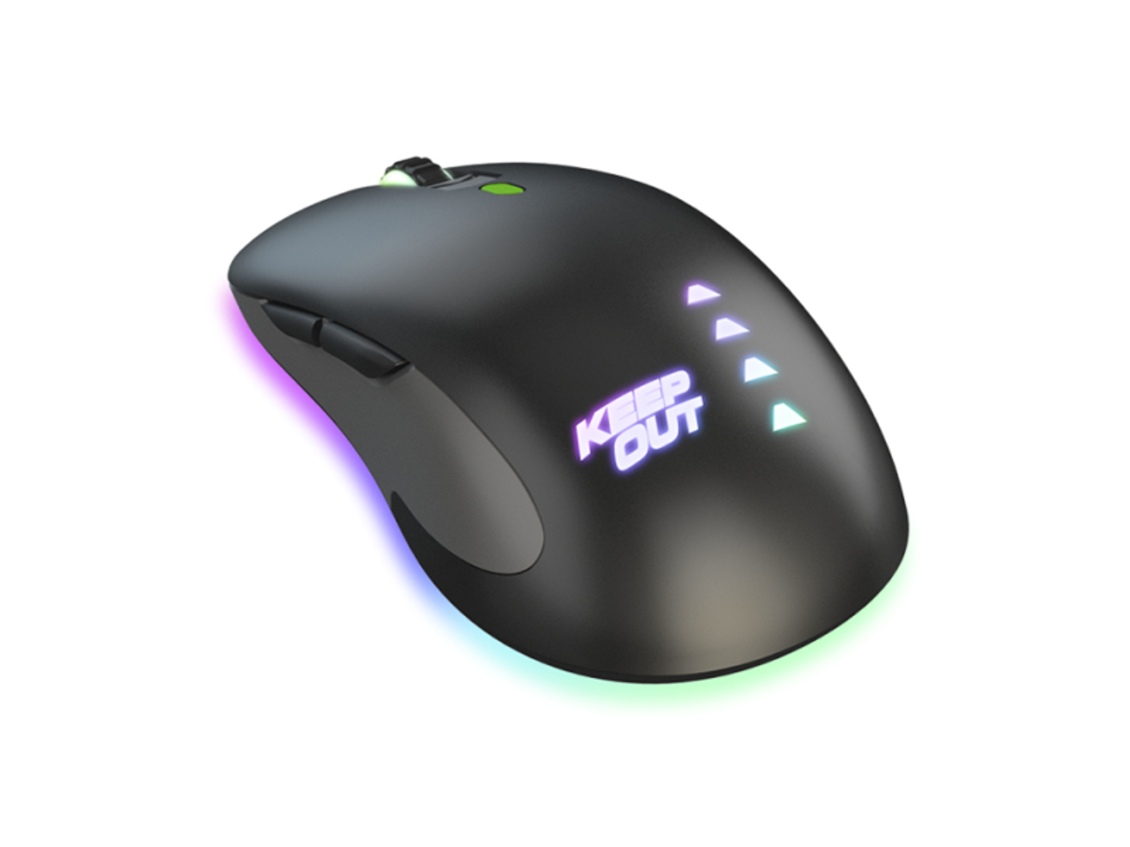 Czarna mysz gamingowa z bocznymi przyciskami i podświetleniem RGB. Świeci się napis 'KEEP OUT'.