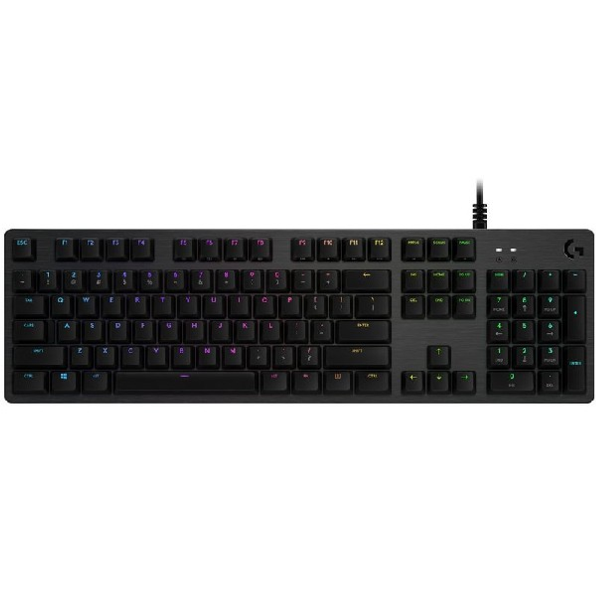 Czarna klawiatura Logitech G915 TKL z kolorowymi klawiszami, połączeniem przewodowym i literą 'G' po prawej stronie.