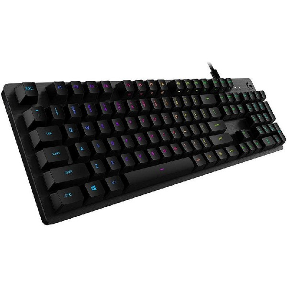 Widok z góry na czarną klawiaturę Logitech G915 TKL z podświetlanymi klawiszami. Klawiatura jest czarna.