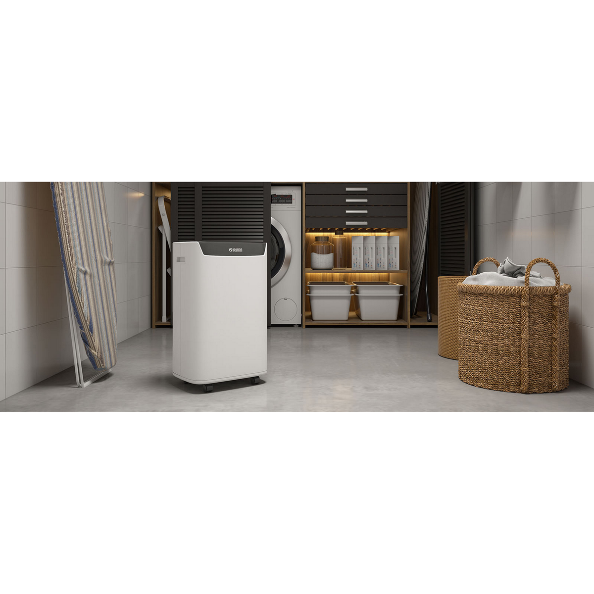 Pralka z pralką, suszarką, koszem na pranie i szafkami.