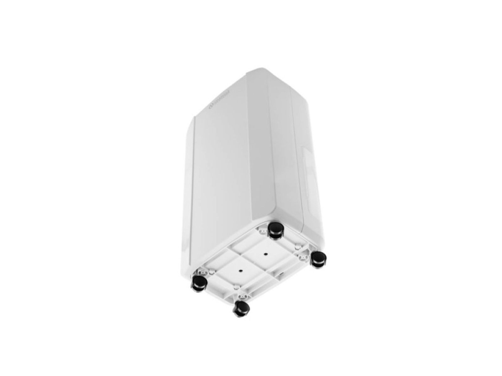 Biały oczyszczacz powietrza, widok od dołu. Ma prostokątny kształt i cztery czarne nóżki, na białym tle.