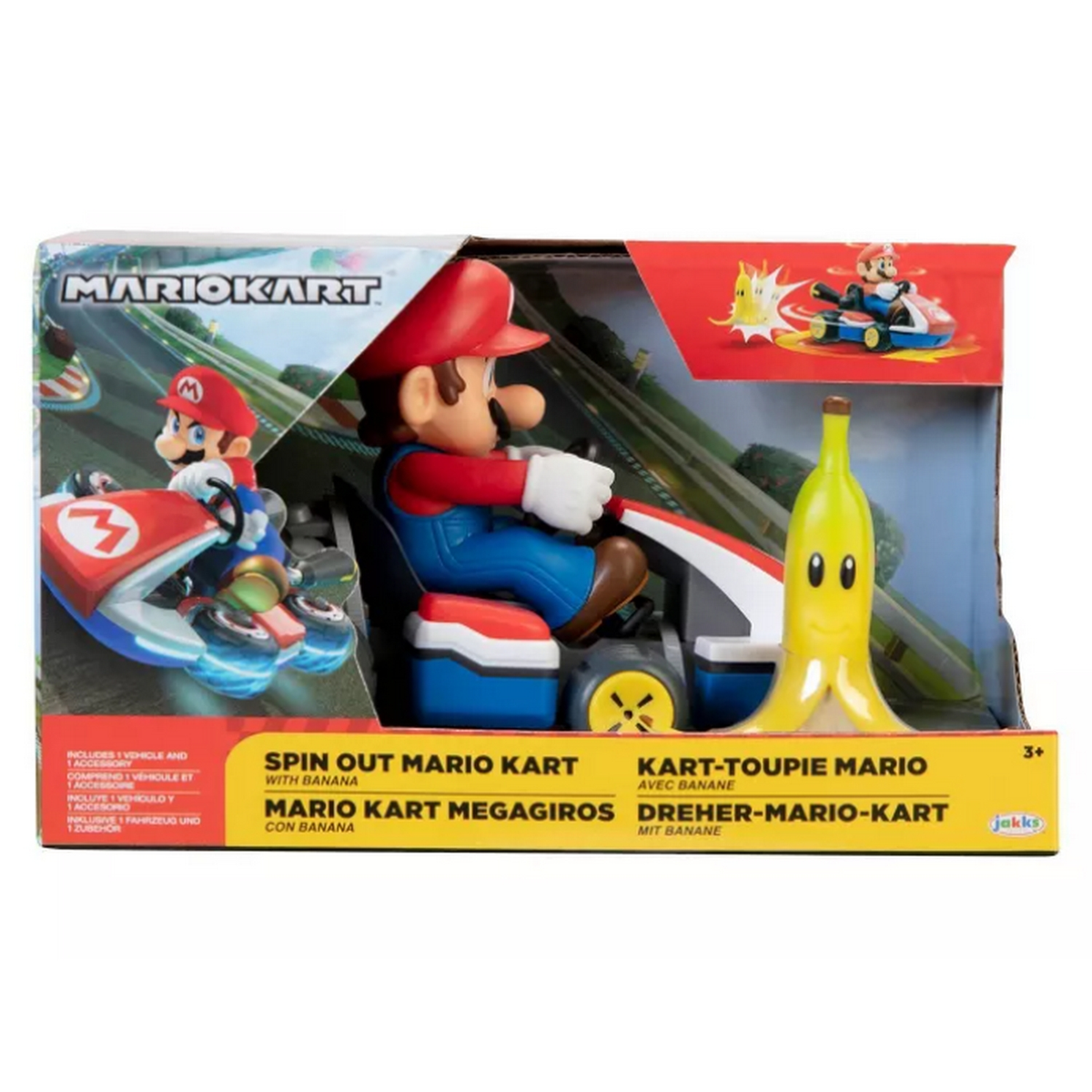 Set de juguetes de Mario Kart: Mario en kart, plátano y embalaje. Caja colorida con ilustraciones.