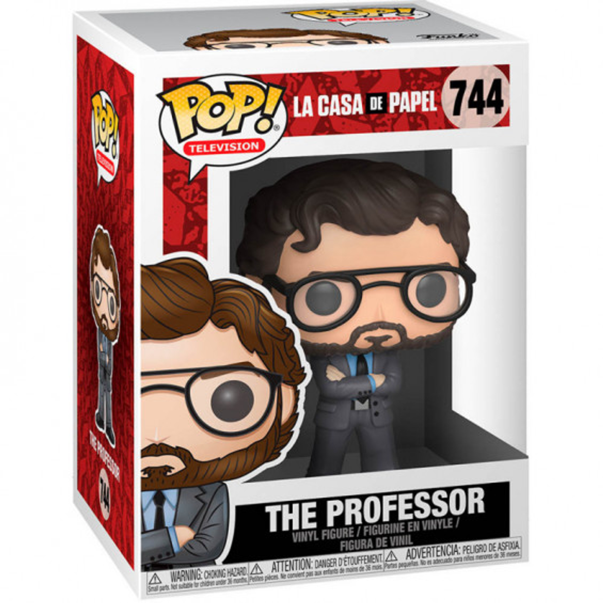 Pop!-Figurbox von 'The Professor' aus La Casa De Papel, mit Figur darin.