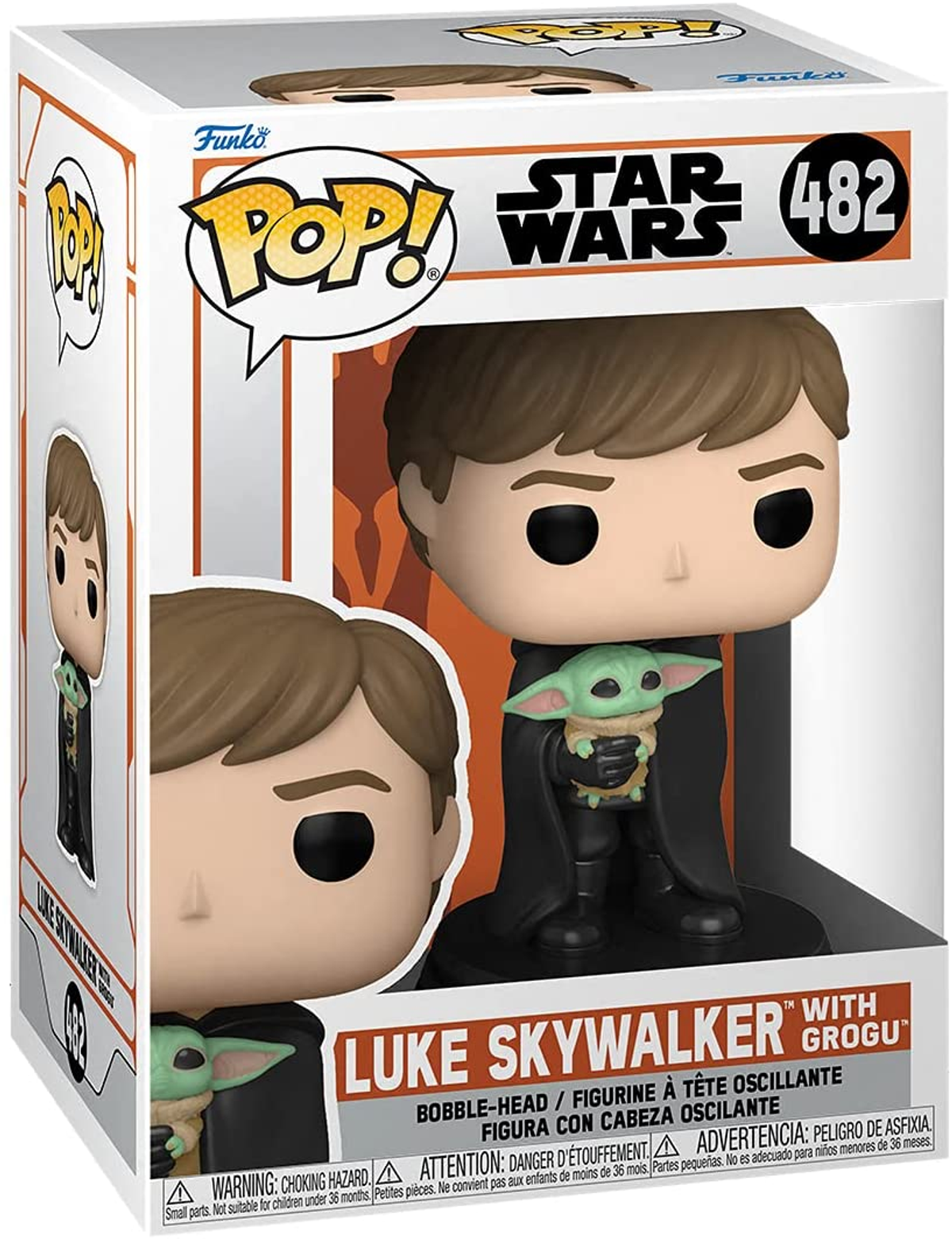 Figura Funko Pop! di Luke Skywalker con Grogu, in scatola. Tema Star Wars, personaggio.