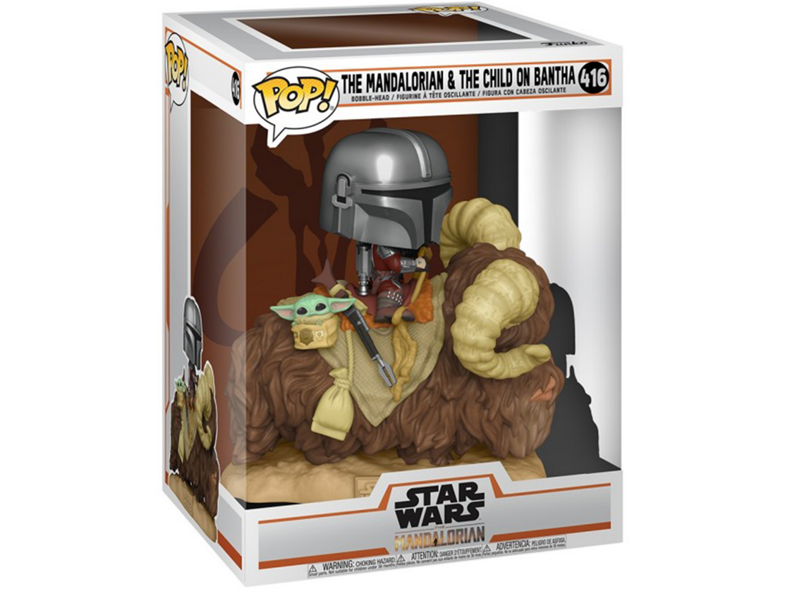 Scatola Funko Pop di The Mandalorian & The Child su un Bantha, con personaggi visibili attraverso la parte anteriore.