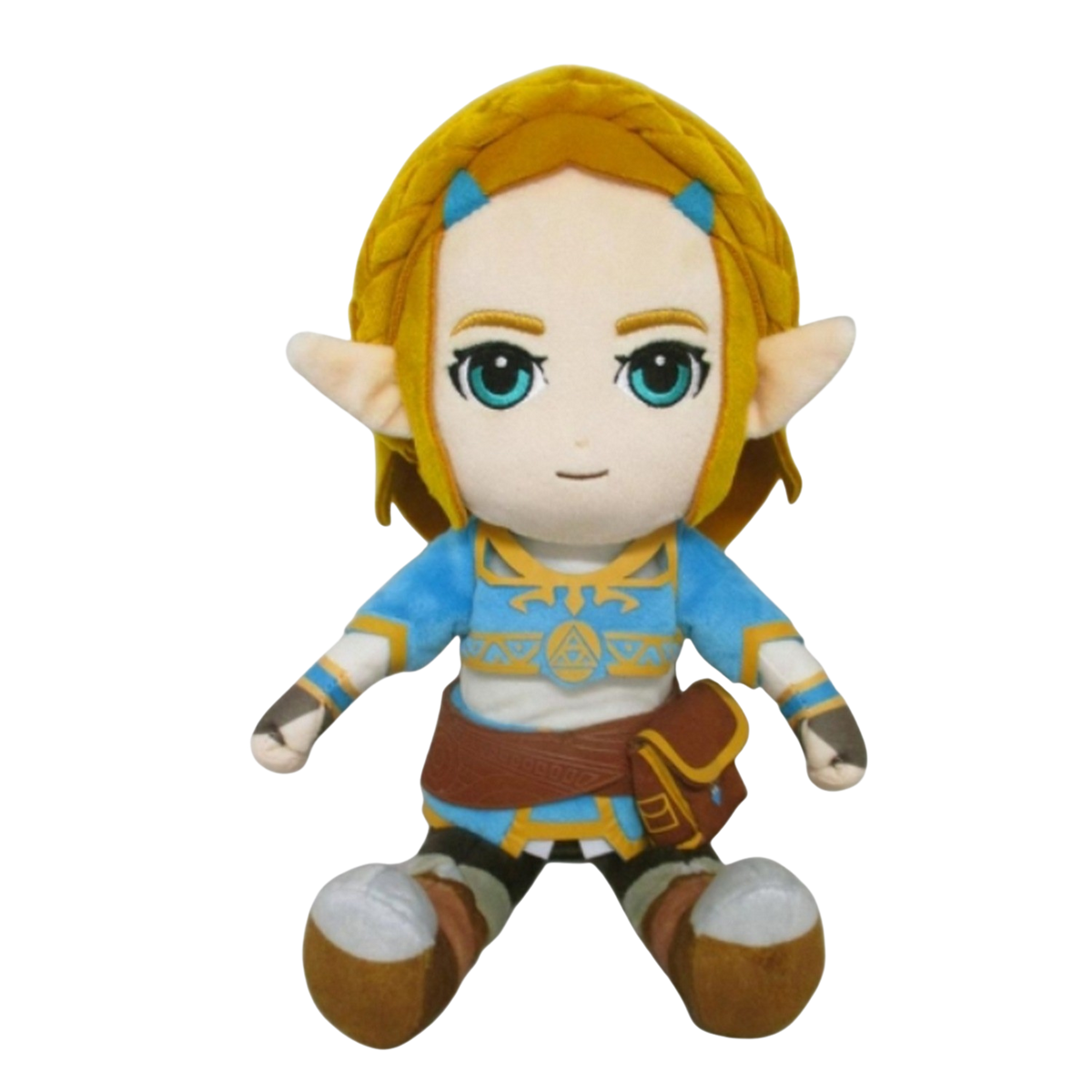 Muñeca de peluche de Zelda con cabello rubio, atuendo azul y cinturón marrón.