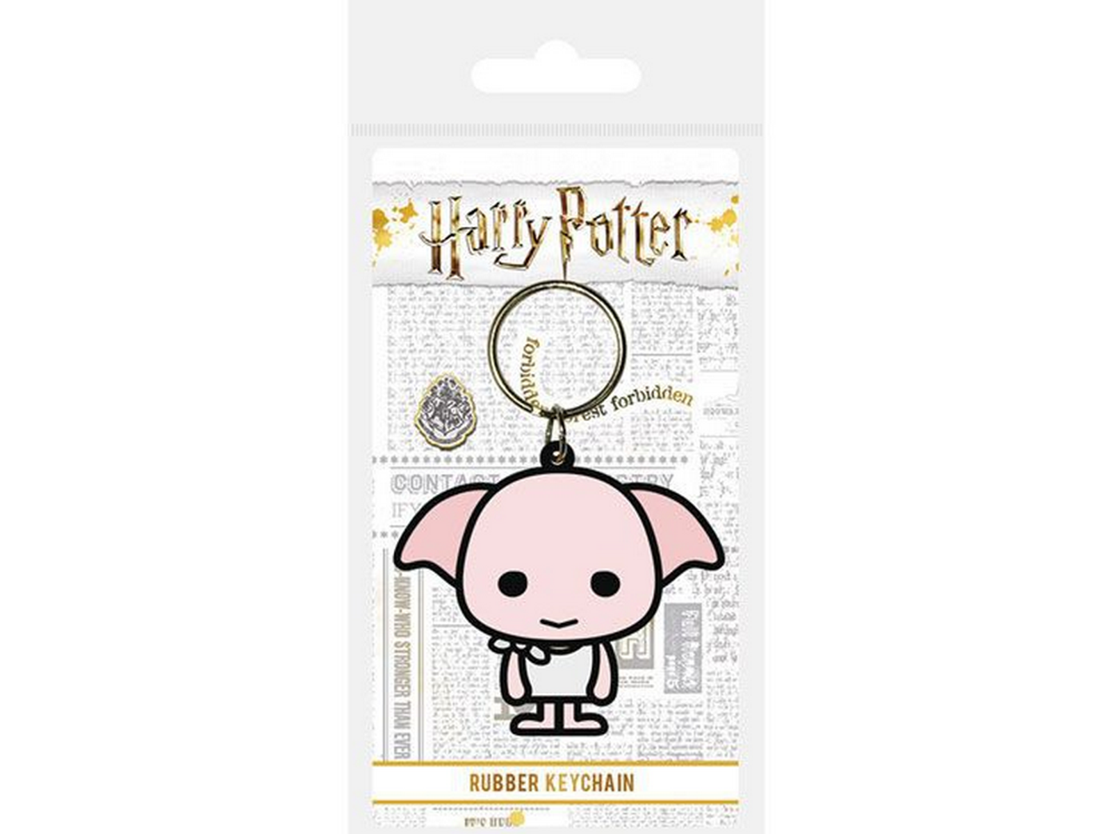 Llavero Harry Potter Dobby en embalaje. Tiene una figura rosa de Dobby y un anillo dorado.