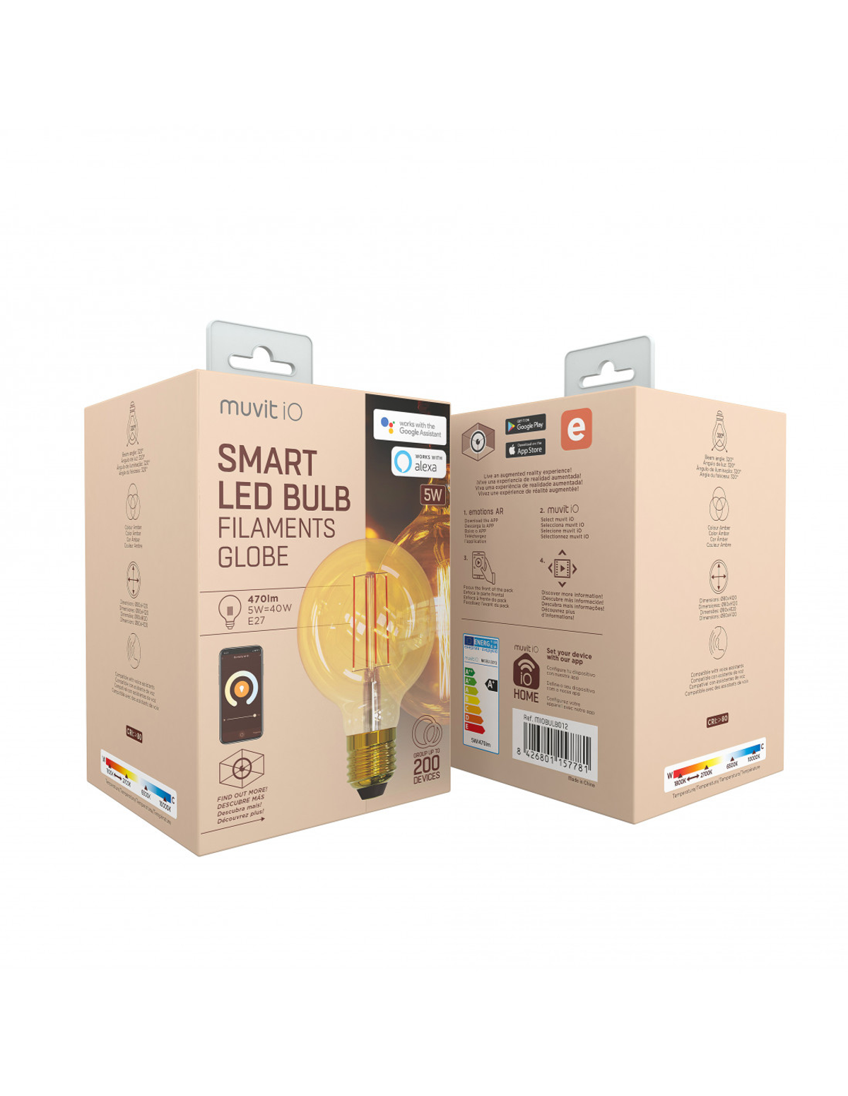 Zapakowana inteligentna żarówka LED. Pudełko jest brązowe i zawiera szczegóły produktu oraz zdjęcie żarówki.