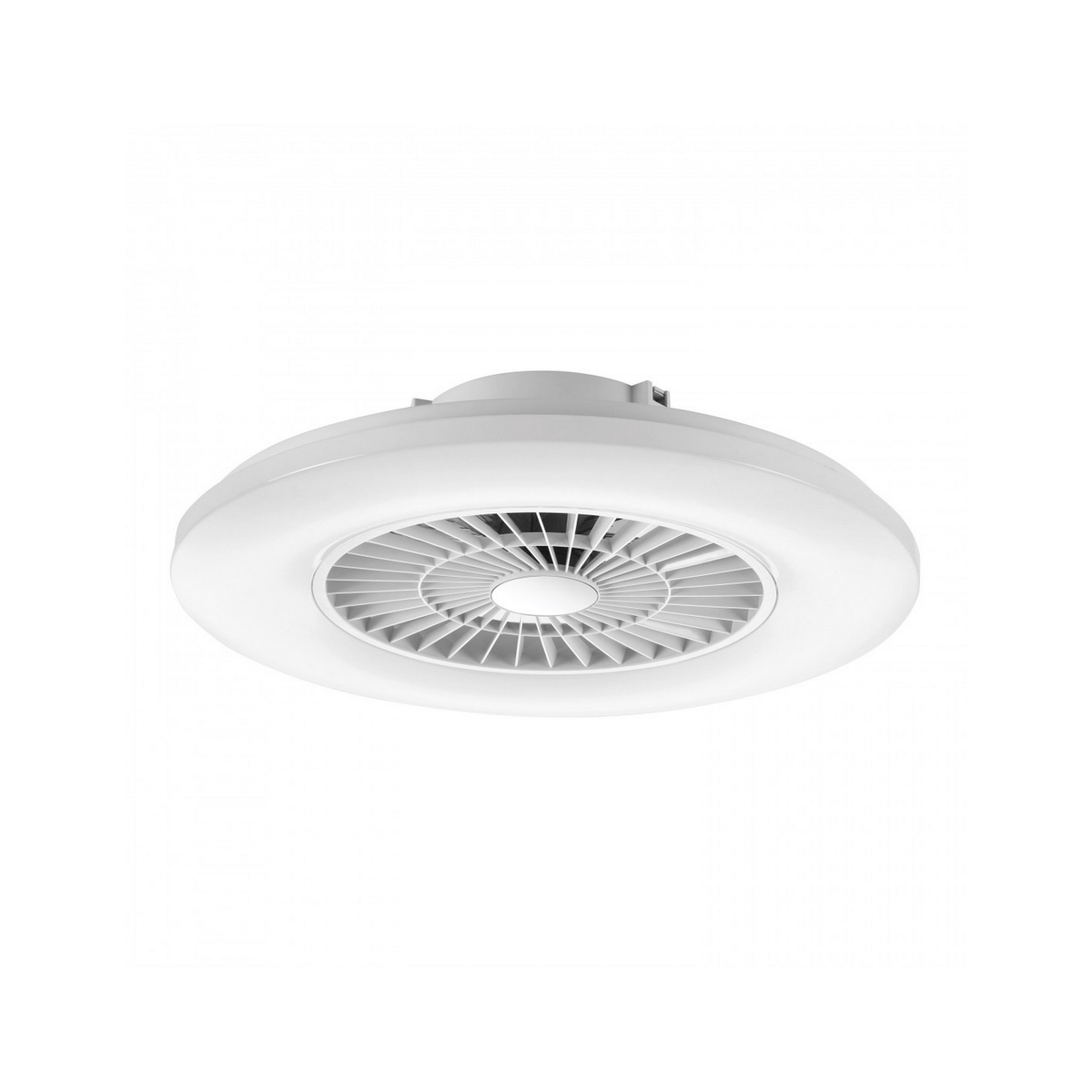 Biały wentylator sufitowy, o okrągłym kształcie i wielu łopatkach, na białym tle.