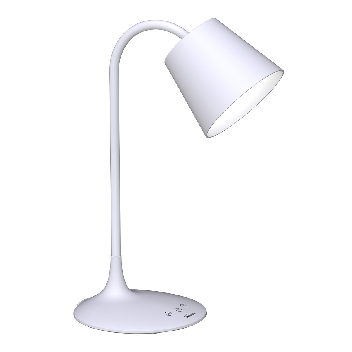 Una lampada da scrivania bianca con collo curvo e paralume conico.