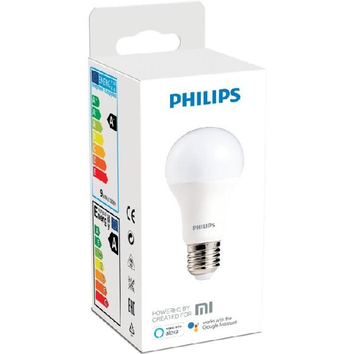 Una bombilla LED Philips en una caja blanca. La caja muestra etiquetas de eficiencia energética.