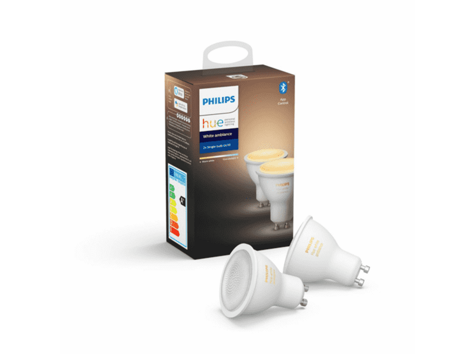 Bombillas Philips Hue en una caja. La caja muestra las bombillas y tiene marca.