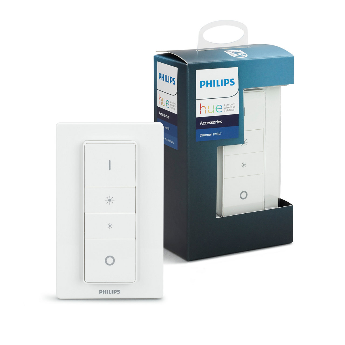 Un interruptor de atenuación Philips Hue blanco en su embalaje.
