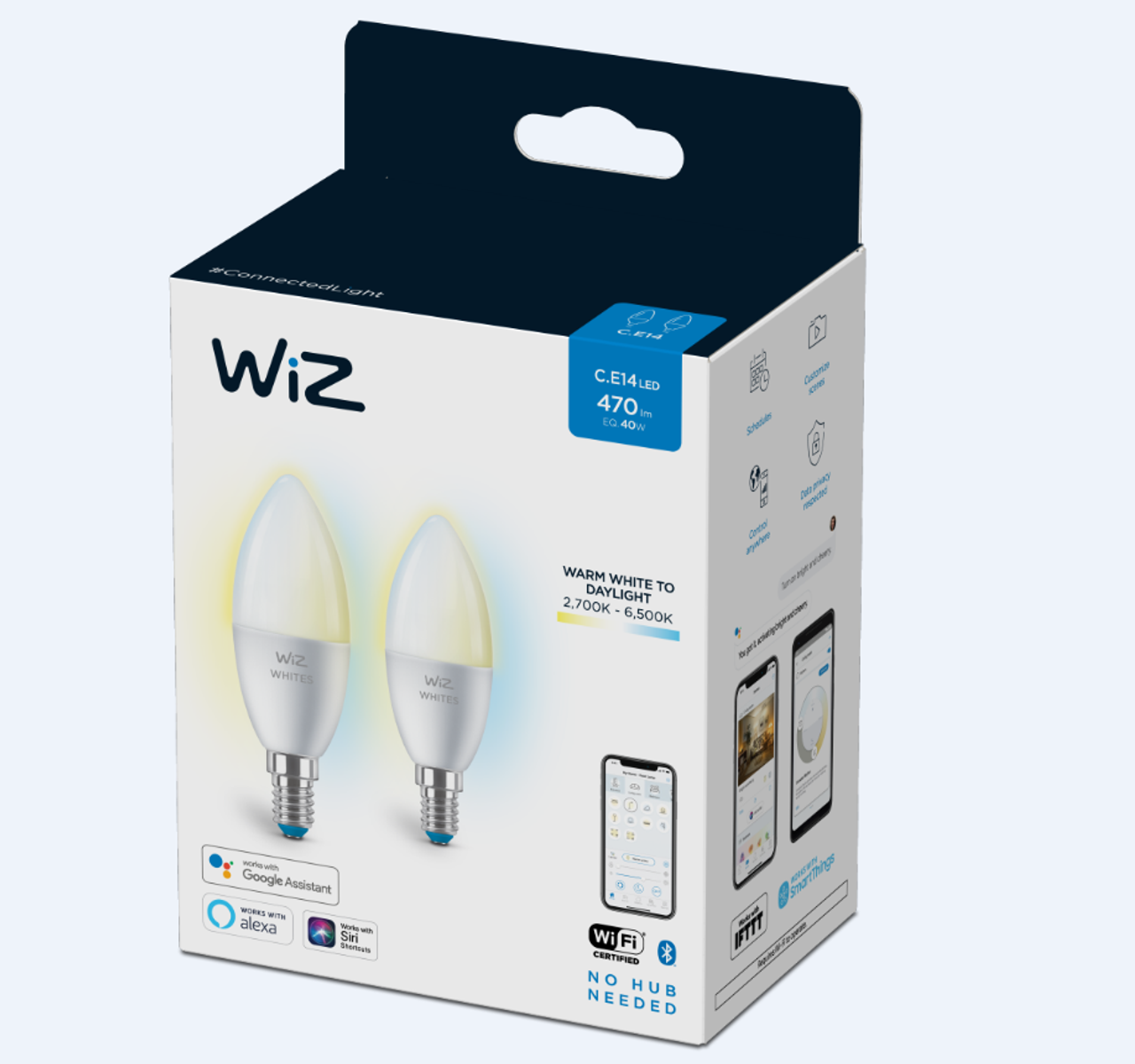 A box of Wiz smart LED bulbs. The box is white with images of bulbs and a phone. Background is light.