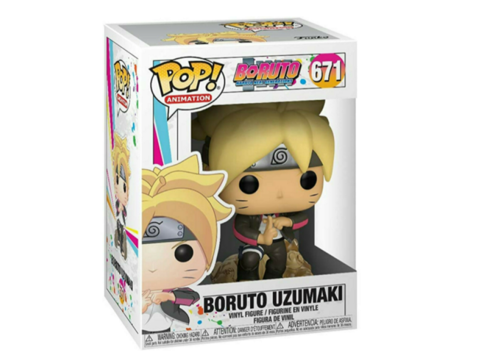 Pop! Boruto Uzumaki figuur in doos. Blond personage in zwarte outfit.