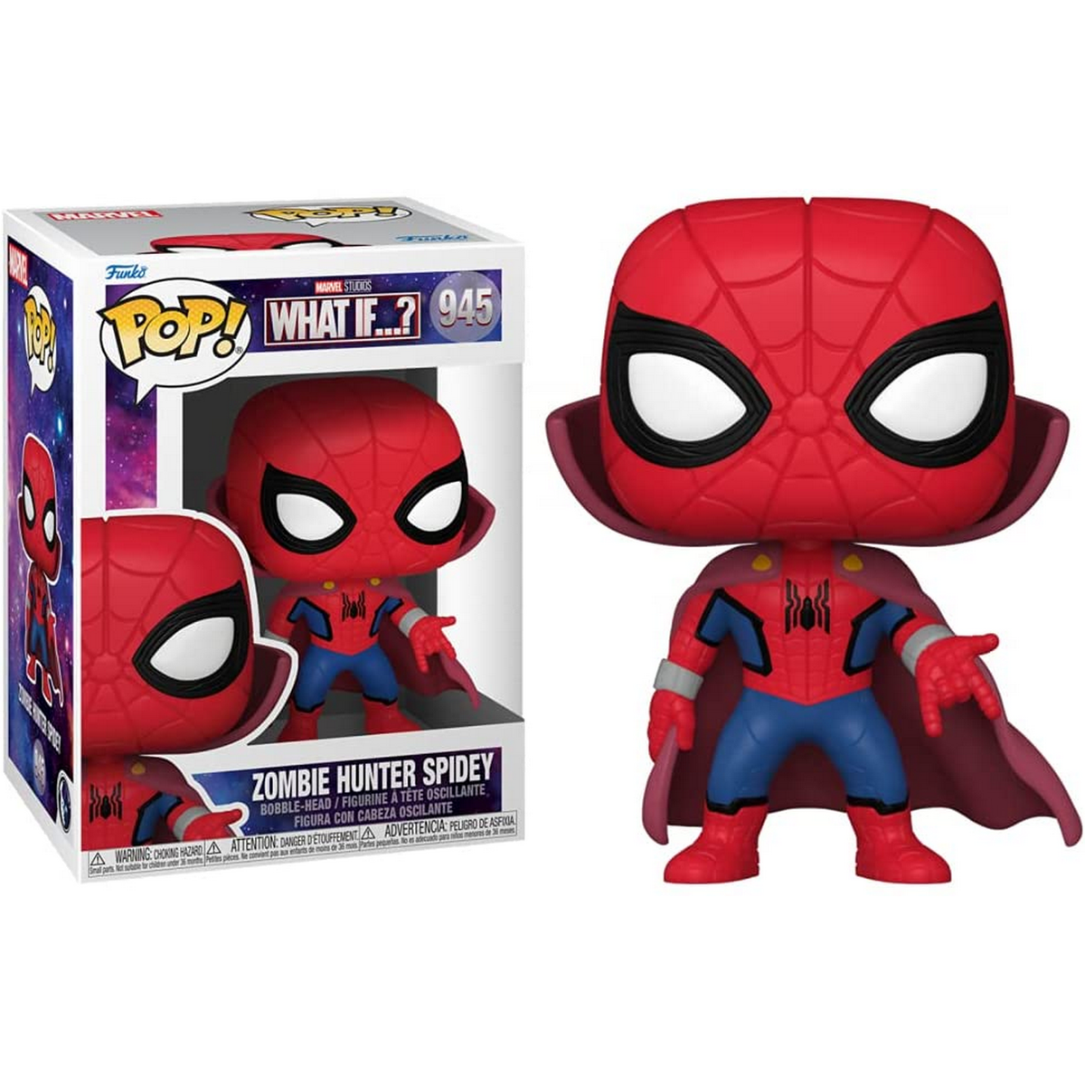 Statuetta di Spider-Man in scatola e fuori. Confezione in stile fumetto.