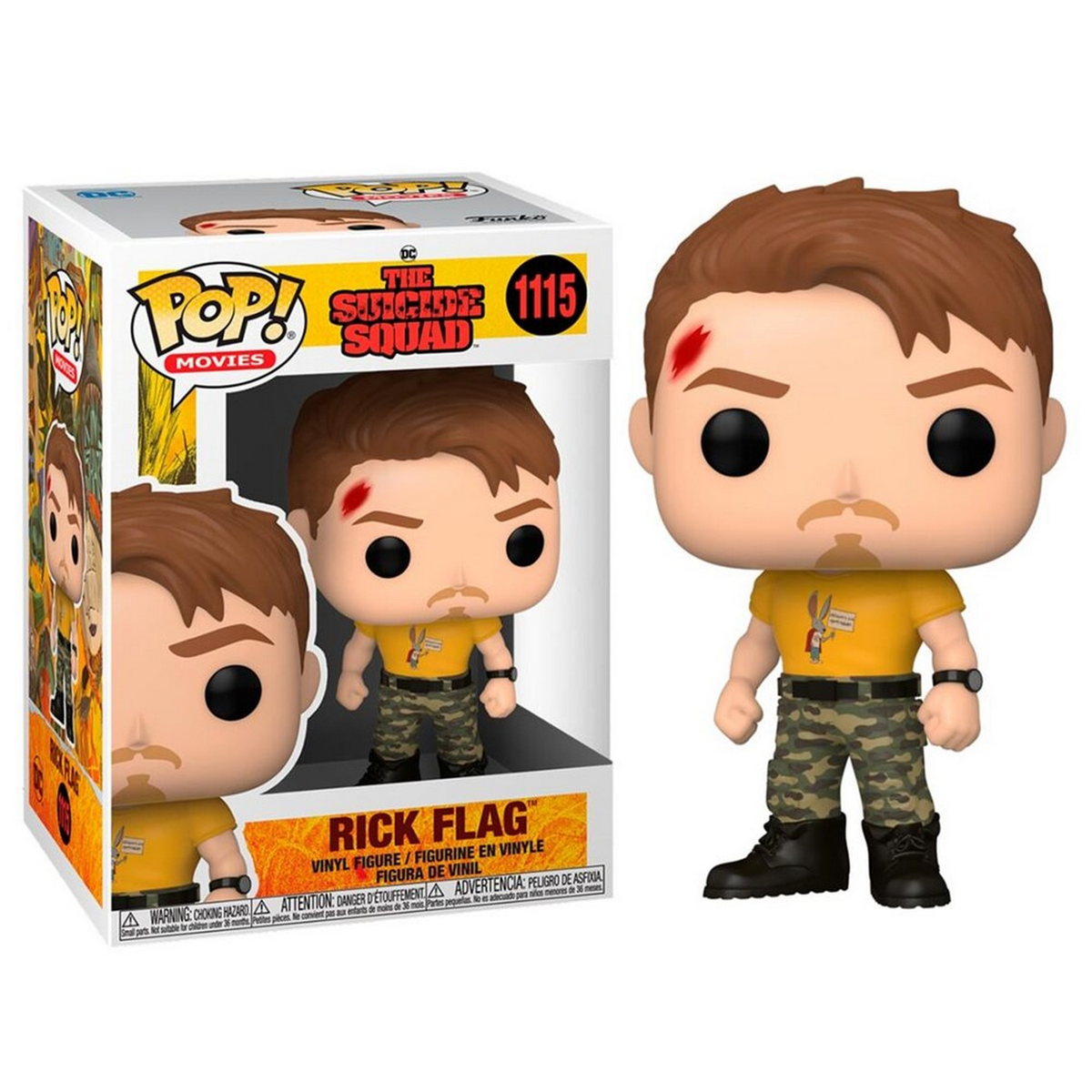 Rick Flag Funko Pop Figur in einer Box. Figur ist ein Mann in gelbem Hemd und Camouflage-Hose.