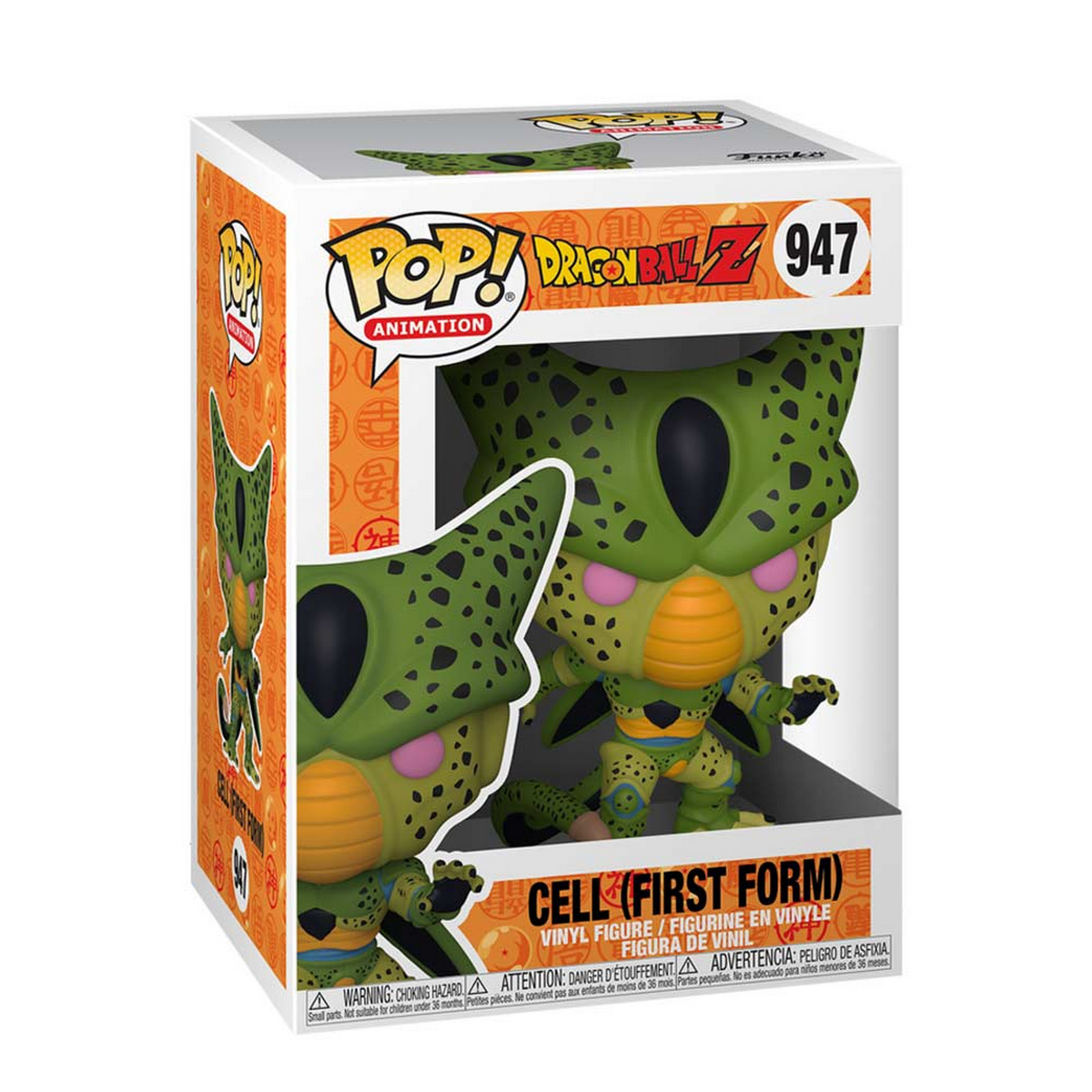 Cell (First Form) Funko Pop in una scatola. La figura è verde e viola.