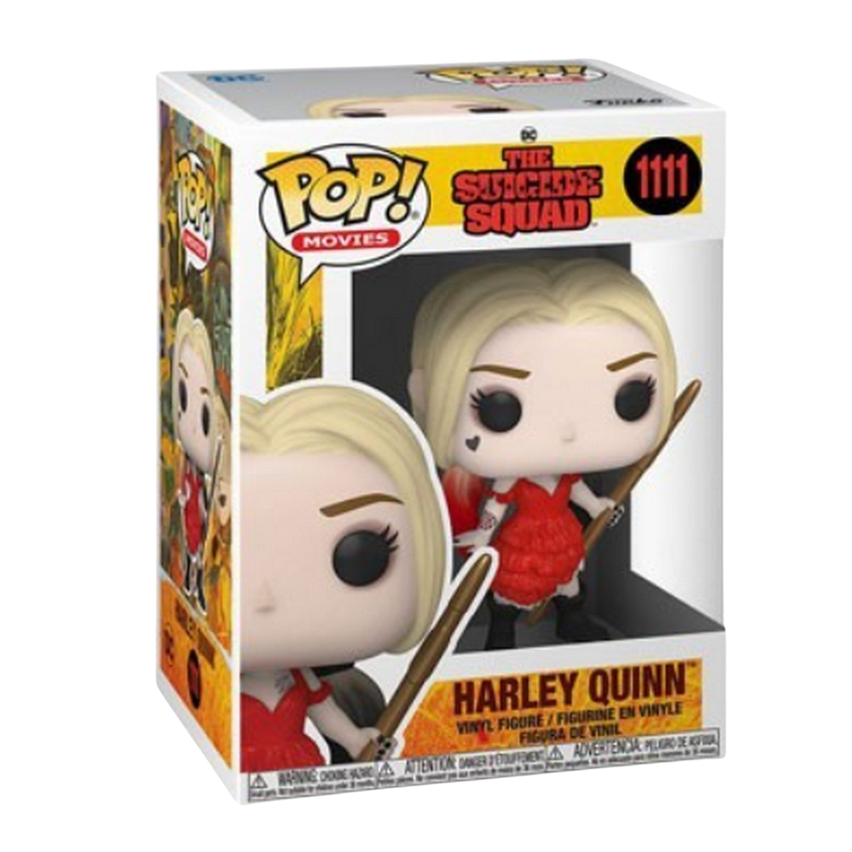 Harley Quinn Funko Pop en caja, pelo rubio, vestido rojo, bate.