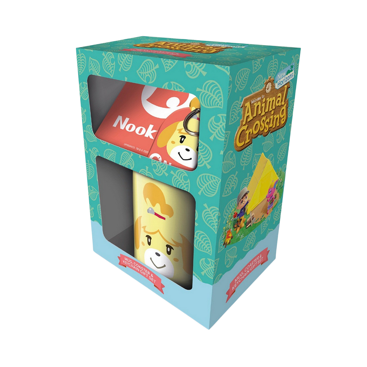 Set de regalo Animal Crossing en caja, incluyendo taza, posavasos y llavero.