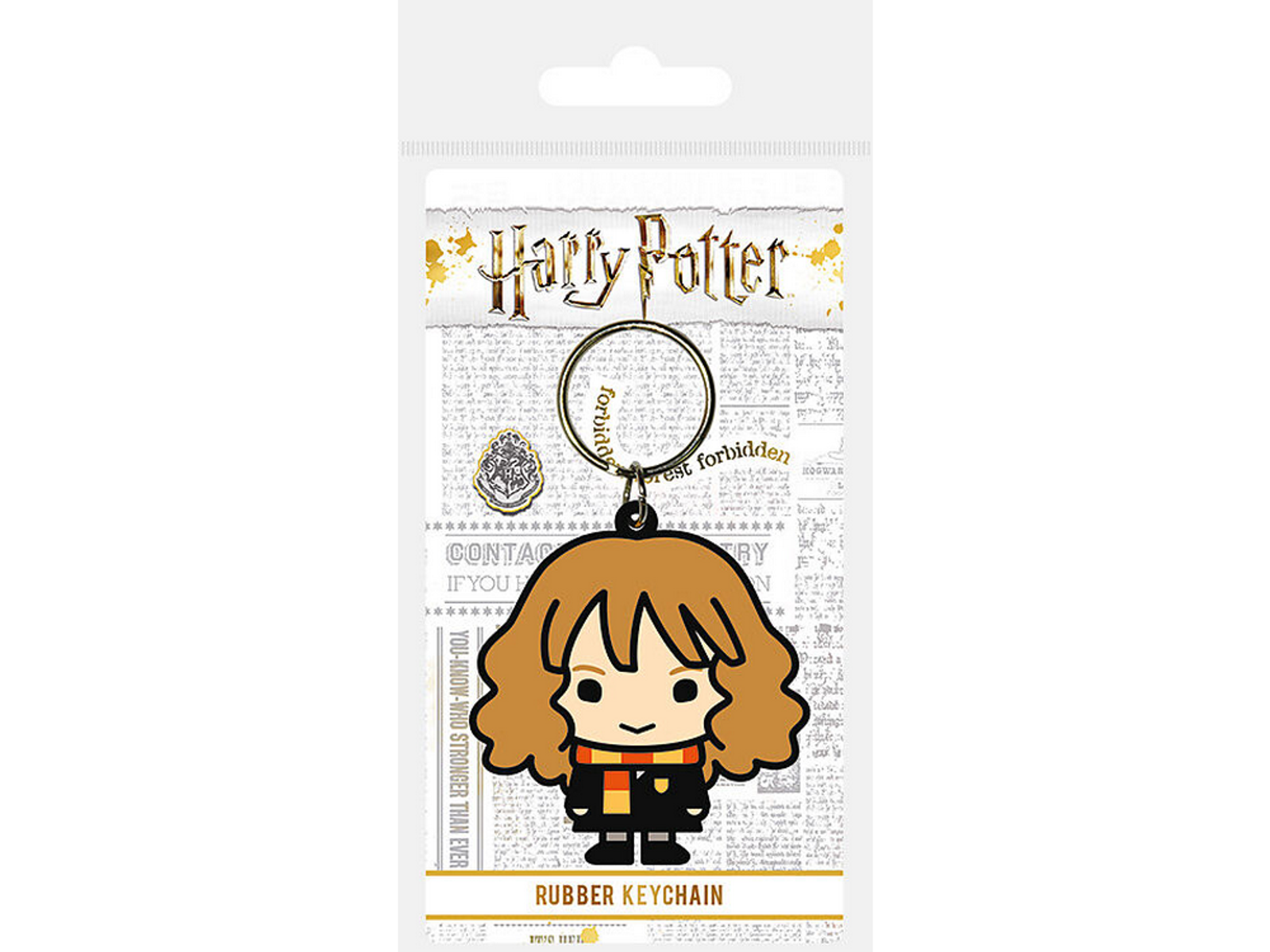 Llavero de Harry Potter. Presenta a Hermione de dibujos animados con uniforme, con un dije dorado y texto.