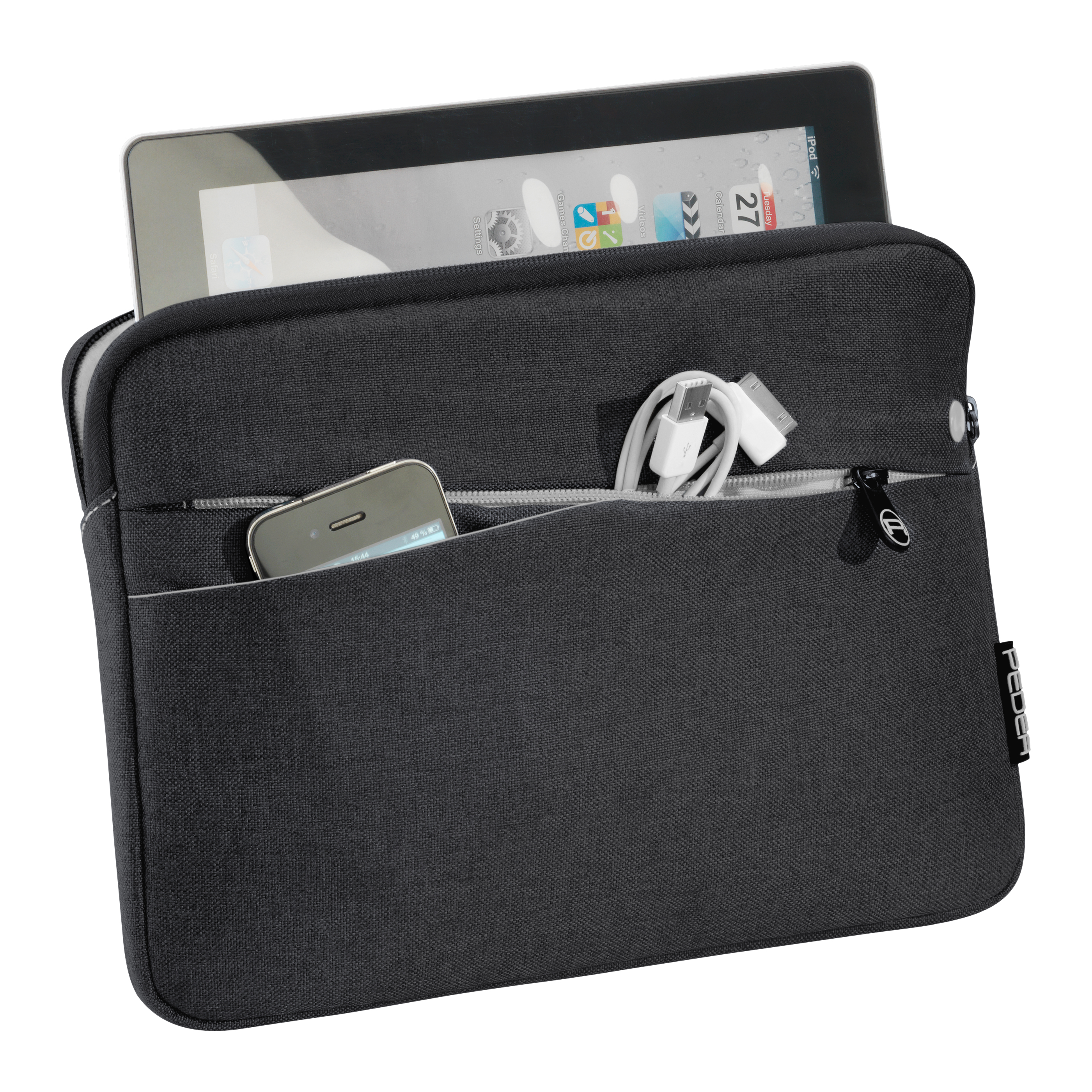 Schwarze Schutzhülle mit Tablet und Smartphone. Die Hülle ist geöffnet.