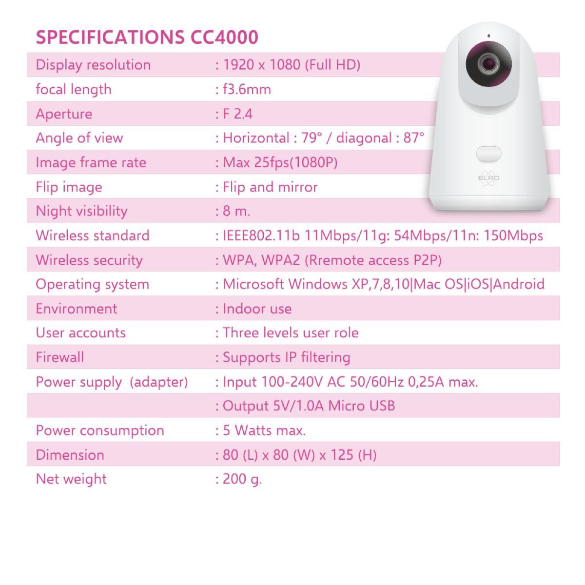 ELRO CC4000, Schwenk-/Neige-Sicherheitskamera, Auflösung Video: Pixels 1080