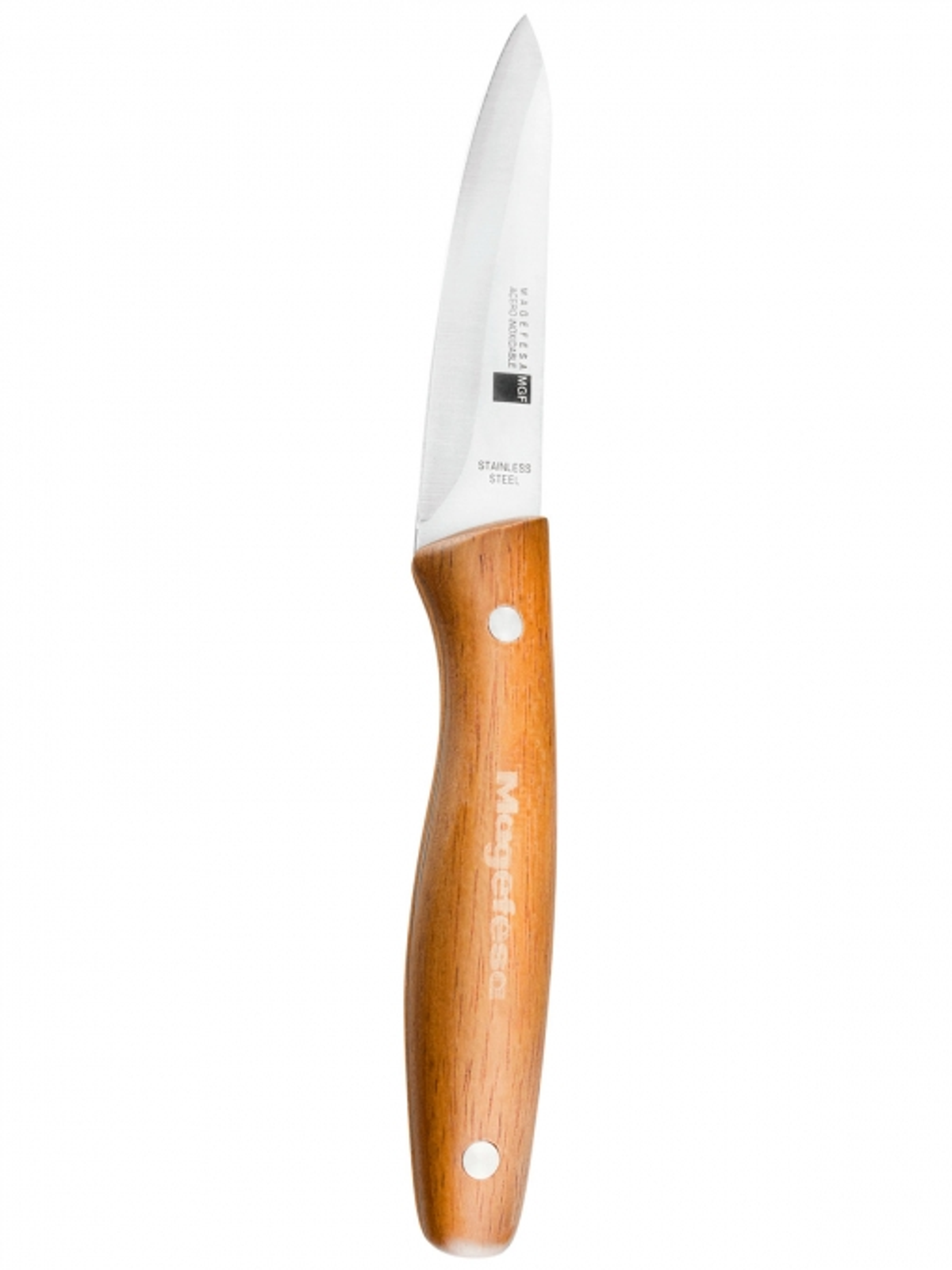 Un cuchillo de cocina de acero inoxidable con mango de madera. Fondo blanco.