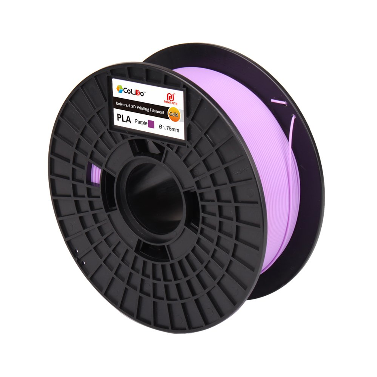 Una bobina de filamento de impresión 3D PLA morado, bobina negra, fondo blanco.