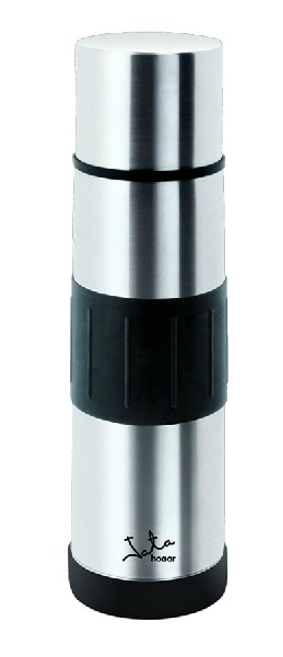 Termo de acero inoxidable con agarre de goma negra y tapa plateada.