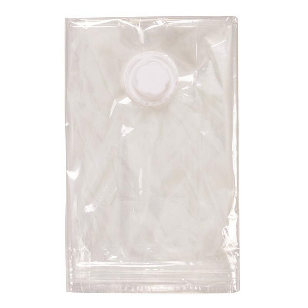 Una bolsa transparente de almacenamiento al vacío con una válvula blanca en la parte superior.