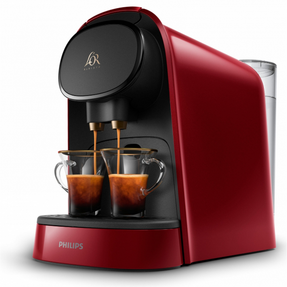 Red Philips coffee machine brewing coffee into two glass cups.