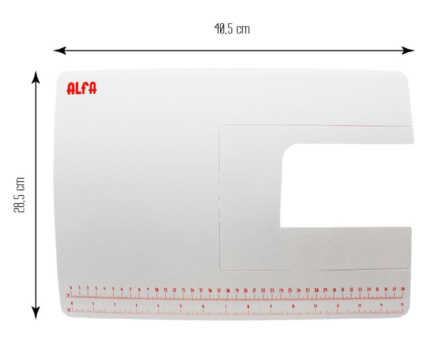 Una mesa de extensión de máquina de coser blanca con una regla y la palabra 'ALFA'.