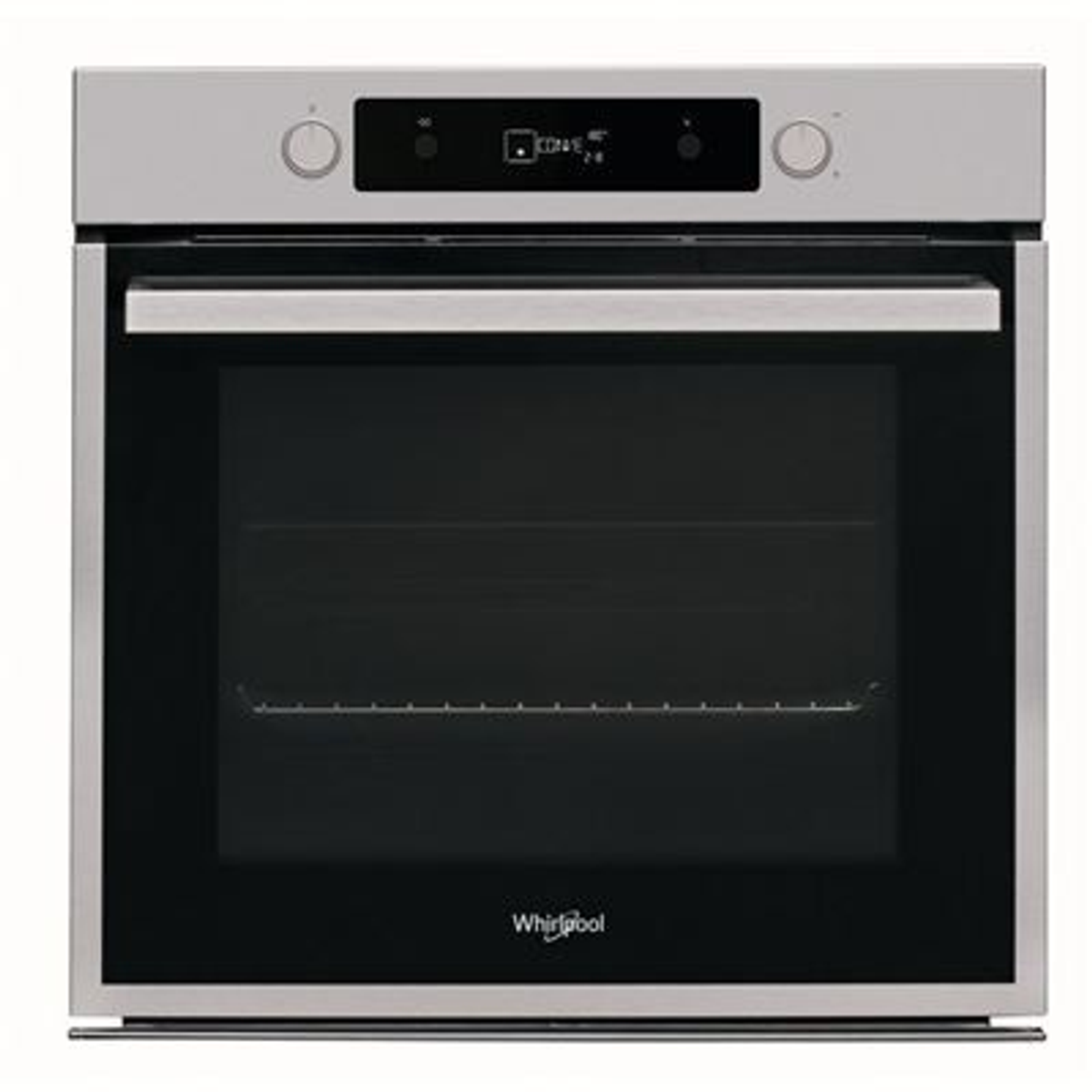 Un horno empotrado de acero inoxidable con puerta de cristal negro. El panel de control está arriba.